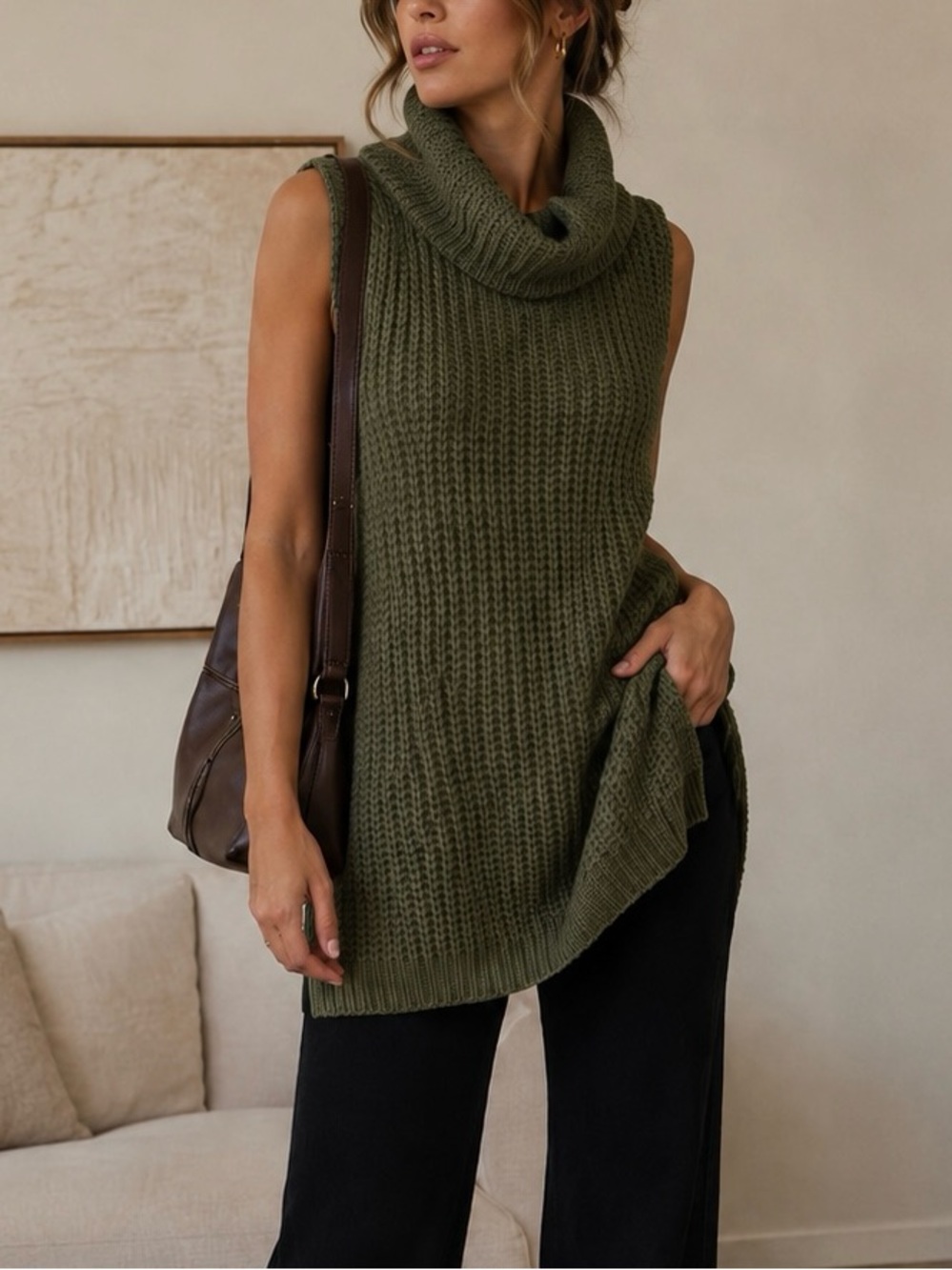 POOF! Olive Green Chunky Knit Cowl Neck Sleeveless Tunic Sweater – Size Medium